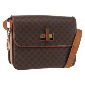 Authentic CELINE Macadam Canvas Shoulder Bag PVC Leather Brown Gold